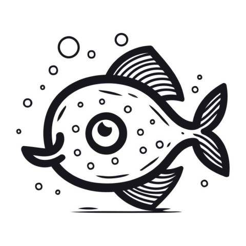 Fish in the sea. Black and white vector illustration. Isolated o