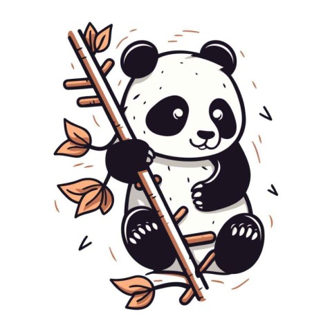 Cute panda bear with a bamboo stick. Vector illustration.