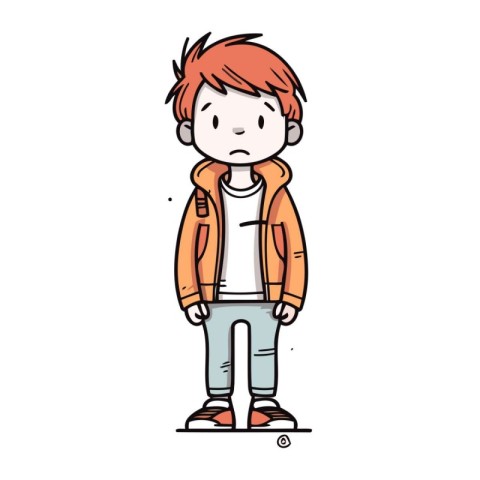 Young red haired boy in warm clothes. Vector illustration on whi