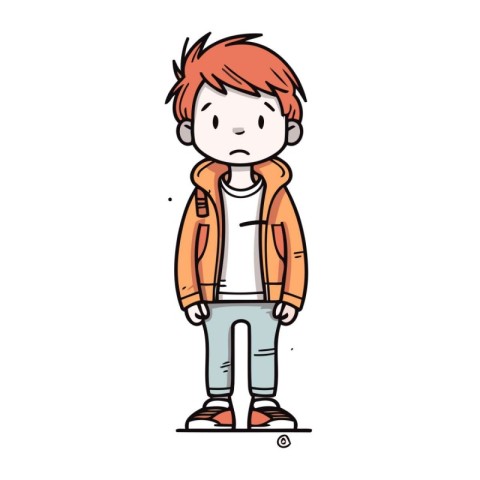 Young red haired boy in warm clothes. Vector illustration on whi