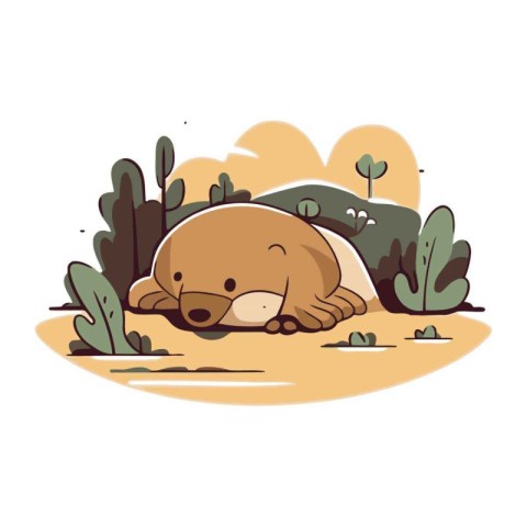 Cute little brown bear sleeping in the forest. Vector illustrati