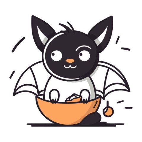 Cute kawaii black cat in a bowl. Vector illustration.