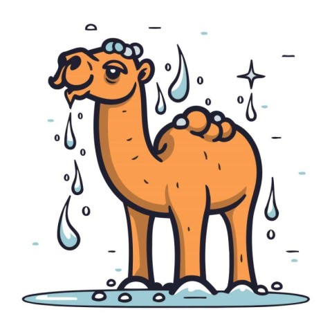 Cute camel with rain drops. Vector illustration in cartoon style