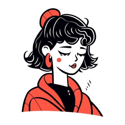 Vector illustration of a girl in a red coat. The girl is crying.