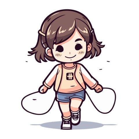 Little girl running with a skipping rope. Cute cartoon vector il