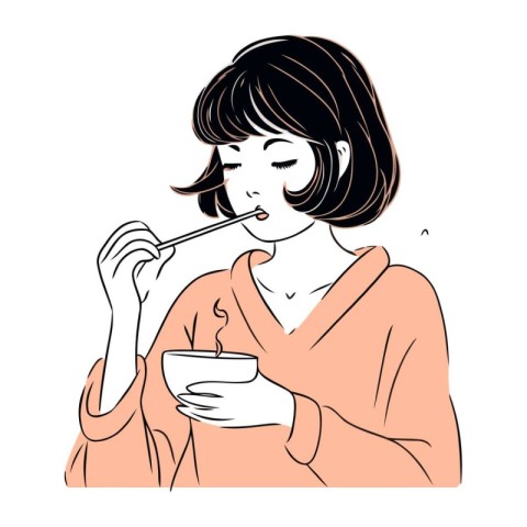 Woman in bathrobe holding a cup of hot tea. Vector illustration.