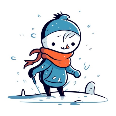 Cartoon boy with scarf and snow in winter. Vector illustration.