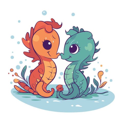 Two cute seahorses on a white background. Vector illustration.