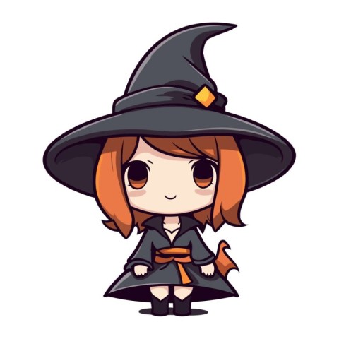 Cute little witch girl isolated on white background. Vector illu