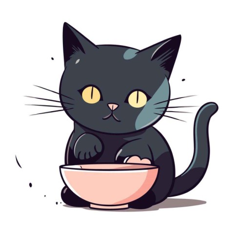 Cute black cat sitting in a bowl and eating. Vector illustration