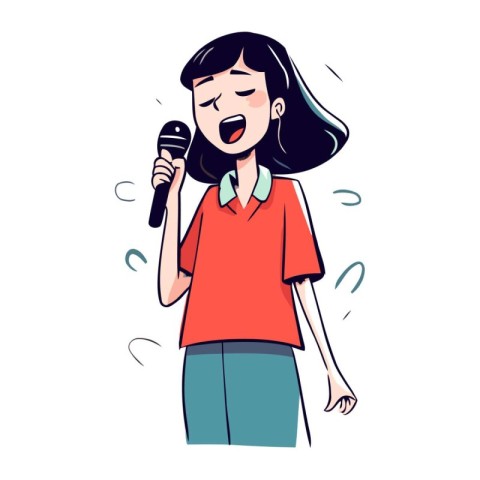 Young woman singing karaoke with microphone. Vector illustration