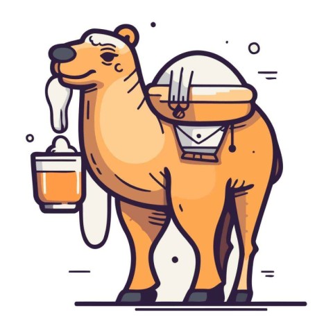 Camel with beer in hand. Vector illustration in line art style.