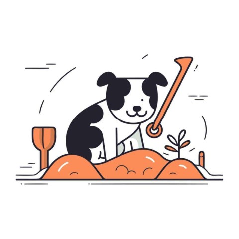 Cute dog playing golf. Vector illustration in thin line style.