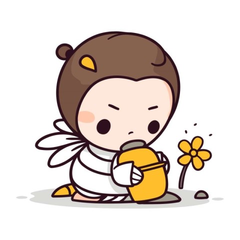 Cute Little Bee with watering can   Cute Baby Bee Cartoon Vector