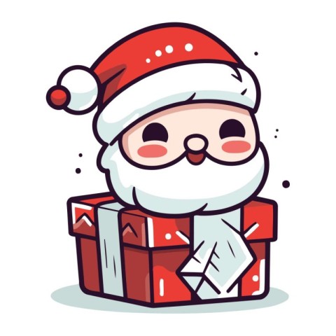 Cute Santa Claus with gift box. Vector cartoon character illustr