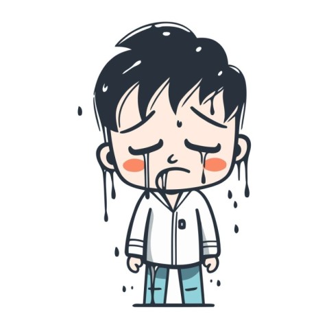 Illustration of a boy crying with tears on his face. vector illu