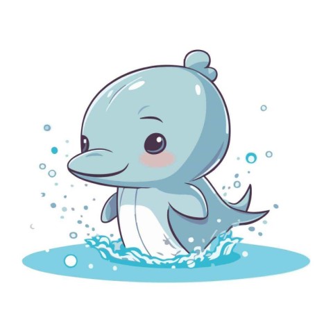 Cute cartoon dolphin in water. Vector illustration isolated on w