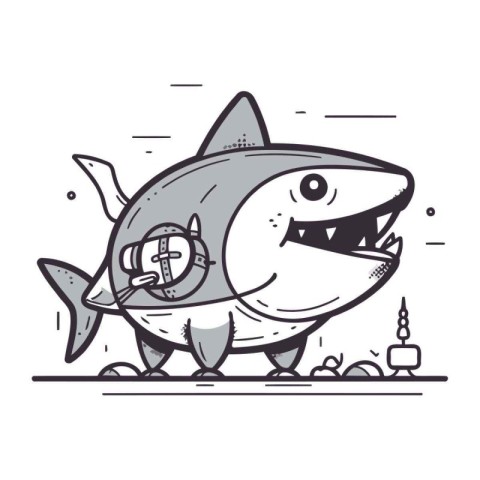 Cartoon shark. Vector illustration of a shark with a shield.