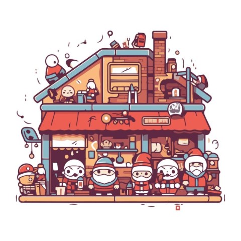 Coffee shop building with people. Vector illustration in line ar