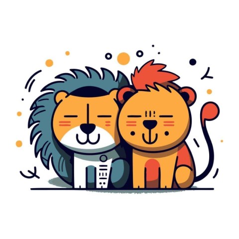 Cute cartoon lion and lioness. Vector illustration in flat style