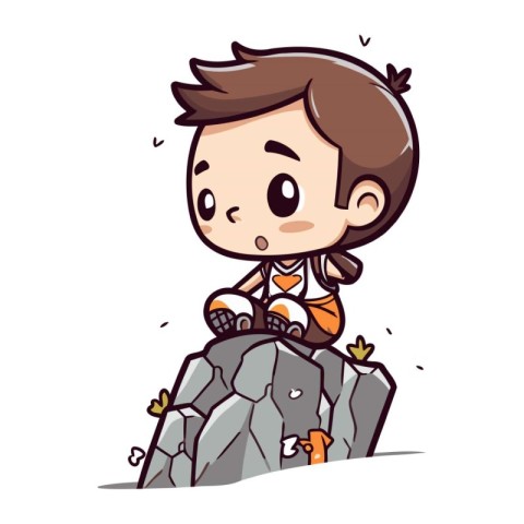 Cute little boy sitting on a rock. Vector cartoon illustration.