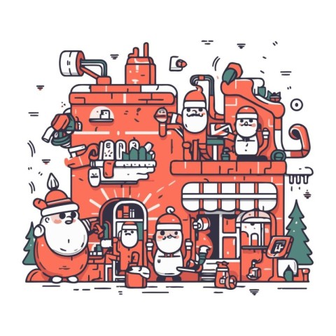 Vector illustration of Santa Claus and Christmas tree house. Lin