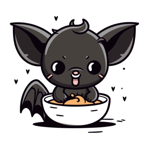 Cute cartoon bat with a bowl of food. Vector illustration.