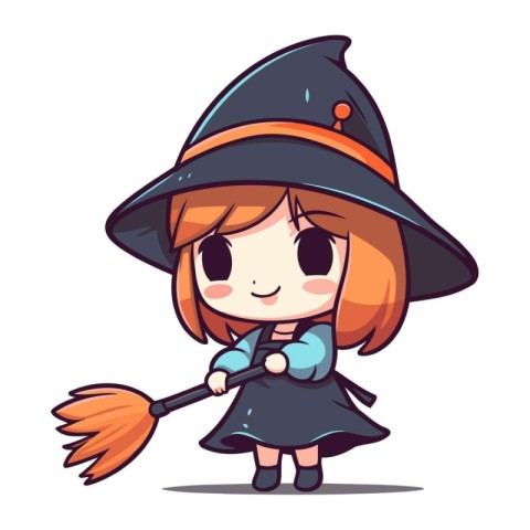 Cute cartoon girl in a witch costume. Halloween vector illustrat