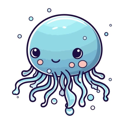 Cute cartoon blue jellyfish. Vector illustration isolated on whi