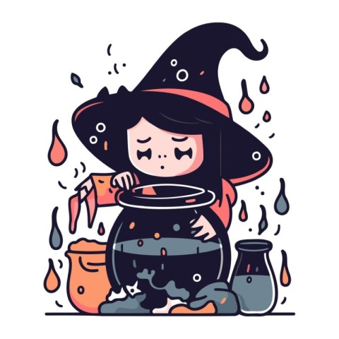 Cute little girl wearing witch costume and holding pot of potion