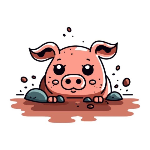 Cute pig in the mud. Vector illustration in cartoon style.