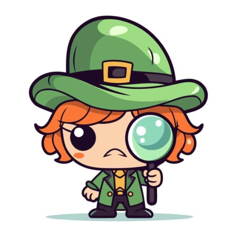 Leprechaun with Magnifying Glass   Cartoon Vector Illustration