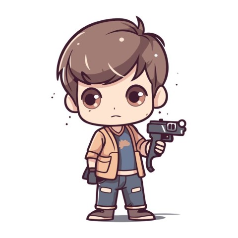 Cute little boy with gun. Vector illustration in cartoon style.