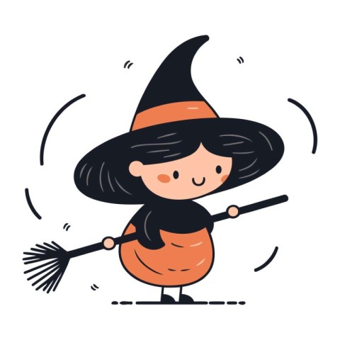 Cute girl in halloween costume with broom. Vector illustration