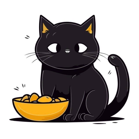 Cute black cat with a bowl of eggs. Vector illustration.