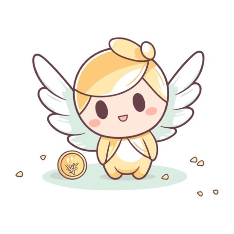 Cute angel with gold coin. Vector illustration in cartoon style.