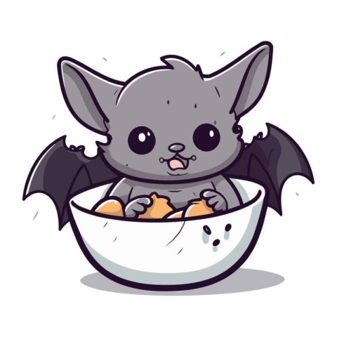 Cute bat in bowl character cartoon vector illustration. Animal s