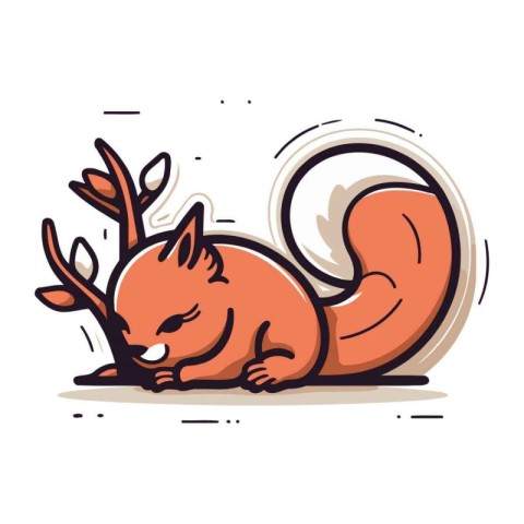 Cute cartoon squirrel sleeping on the tree branch. Vector illust