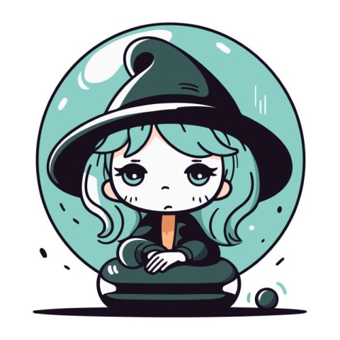 Cute cartoon witch girl in a magic ball. Vector illustration.