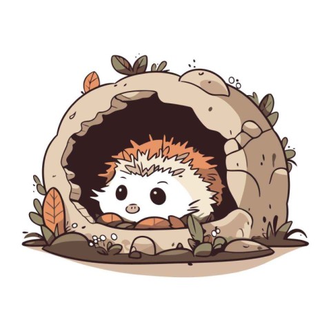 Hedgehog in a cave. Cute cartoon vector illustration.