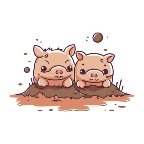 Cute little hippo and pig sitting in the mud. Vector illustratio