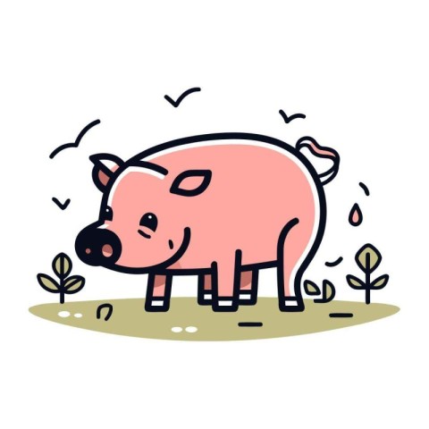 Cute piggy standing in the grass. Vector illustration in flat st