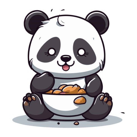 Cute panda with a bowl of food. Vector illustration.