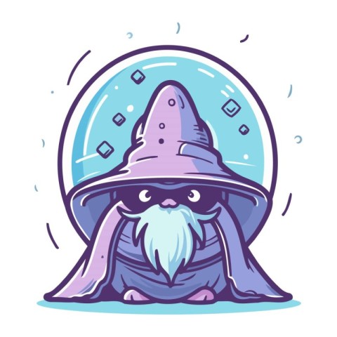 Cute cartoon wizard in a hat and cloak. Vector illustration.