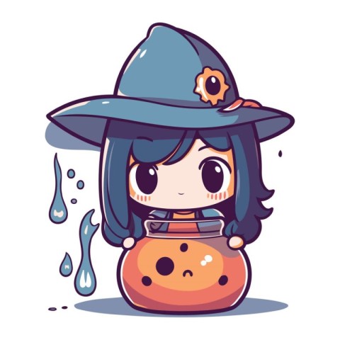 Cute cartoon witch girl in hat with magic potion. Vector illustr