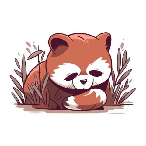 Cute red panda sitting in the grass. Vector illustration.