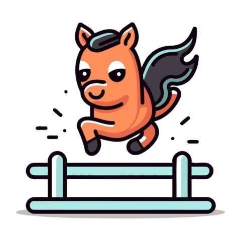 Cute cartoon horse jumping over obstacle. Flat design vector ill