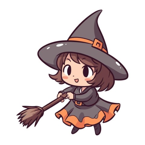 Cute little girl dressed as a witch flying on a broomstick