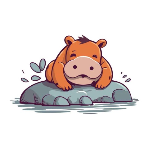 Cute hippopotamus sitting on the rock. Vector illustration.