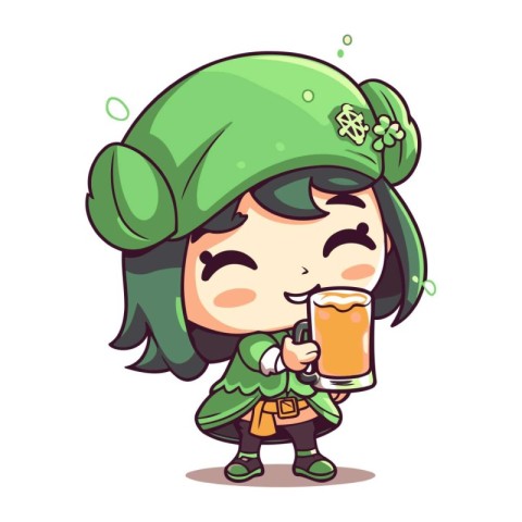 Illustration of a Cute Leprechaun Girl Drinking a Beer